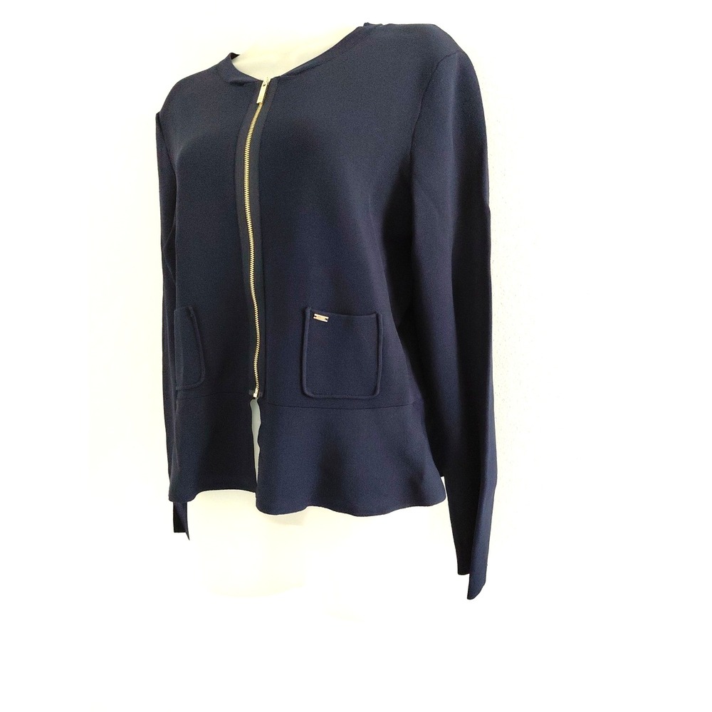 Tommy Hilfiger Sweater Large Navy Blue Peplum Zip Front Liquid Knit Preppy Class - Picture 4 of 13